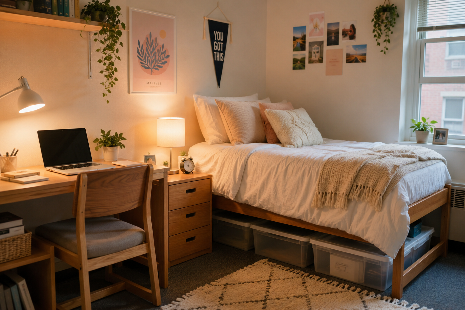 Warm coordinated dorm room with soft lighting, layered bedding, desk, storage, and attainable decor